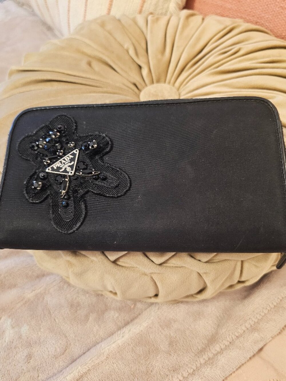 Prada Black Crystal Beaded Bear Appliqué Zip-Around Continental Wallet